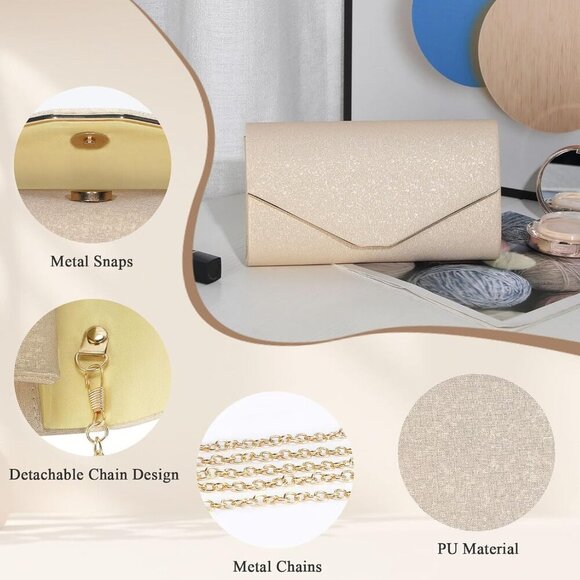 Chic Gold Clutch Bag with Detachable Chain - Ideal for Formal Parties and Gifts - Picture 4 of 9